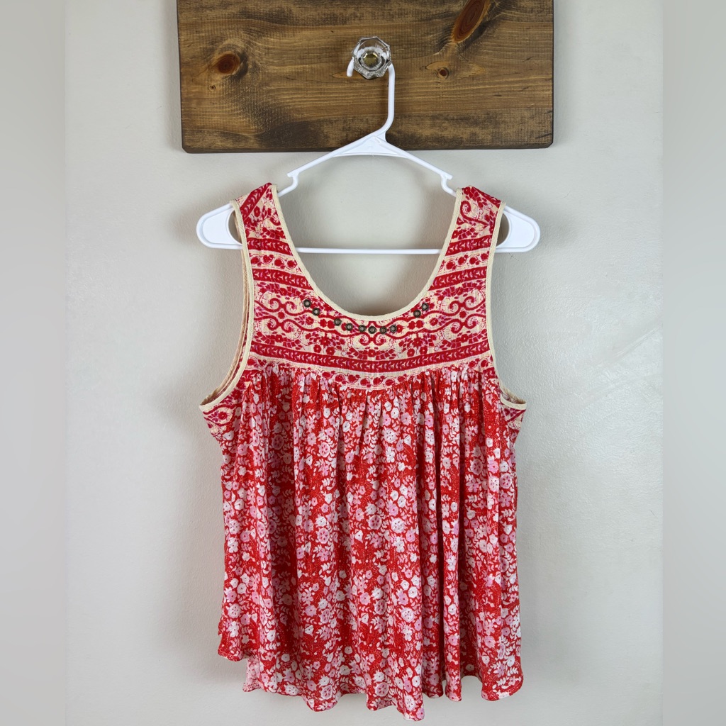 Free People Womens Blouse Lucky Coin Festive Orange Combo Tank Top Floral Size M